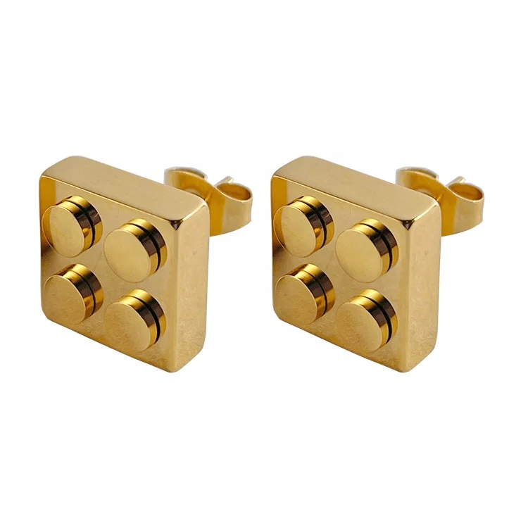 18K Gold Plated Stainless Steel Jewelry Square LegoBrick Design Ear Stud INS Accessories Earrings E211341