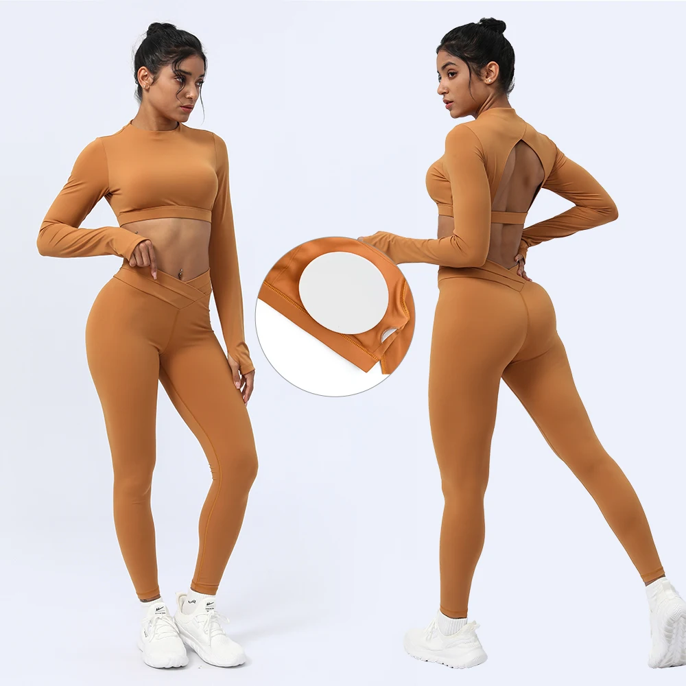 2024 New Design Women 2 Piece Set Yoga Sport Long Sleeve V Cross Waist Yoga Pant
