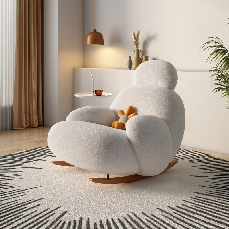 NOVA Nordic Living Room Comfortable White Fabric Rocking Chair Tufted Plush Lounge Recliner Lazy Sofa Chairs With Stool
