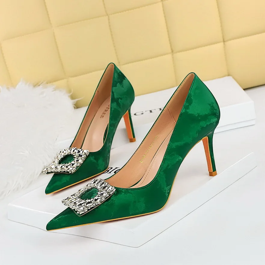 34-40 Banquet stiletto shoes High heeled shallow pointed metal rhinestone buckle high heeled shoes casual wear office laday pump