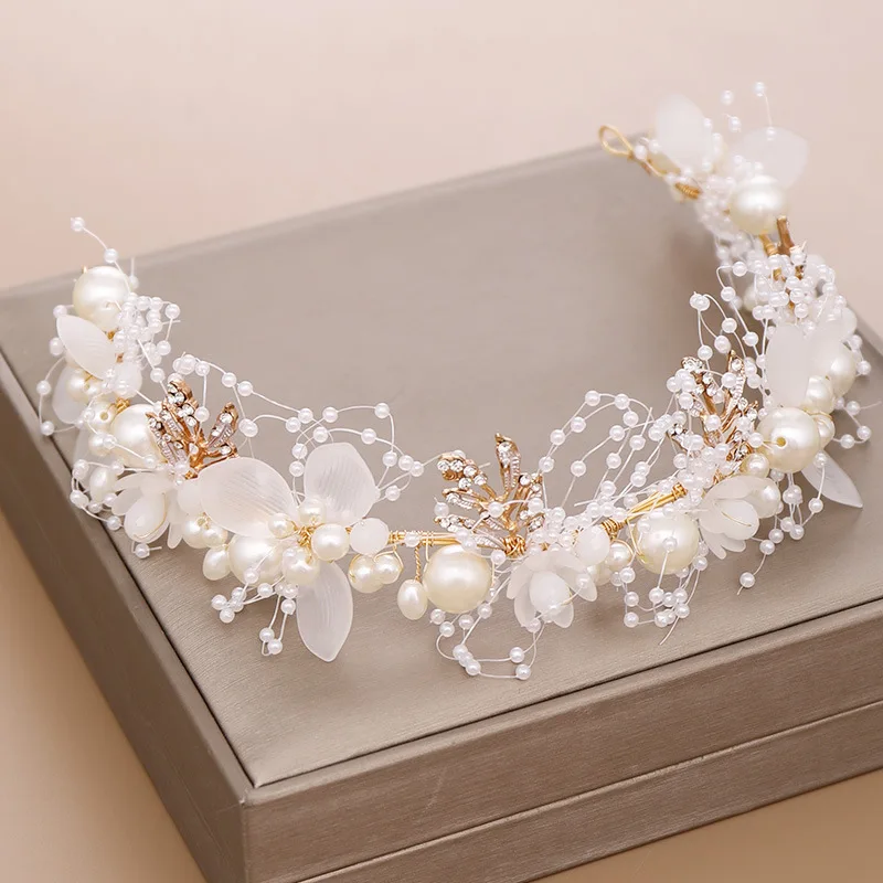 SWEETV Gold Bridal Headband Bohemian Headpiece Crystal Pearl Hair Vine Flower Halo Wedding Hair Accessories 