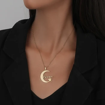 NEULRY ins Personalized Creative Custom English Name 18k Gold Plated Stainless Steel Moon Star Name Necklace