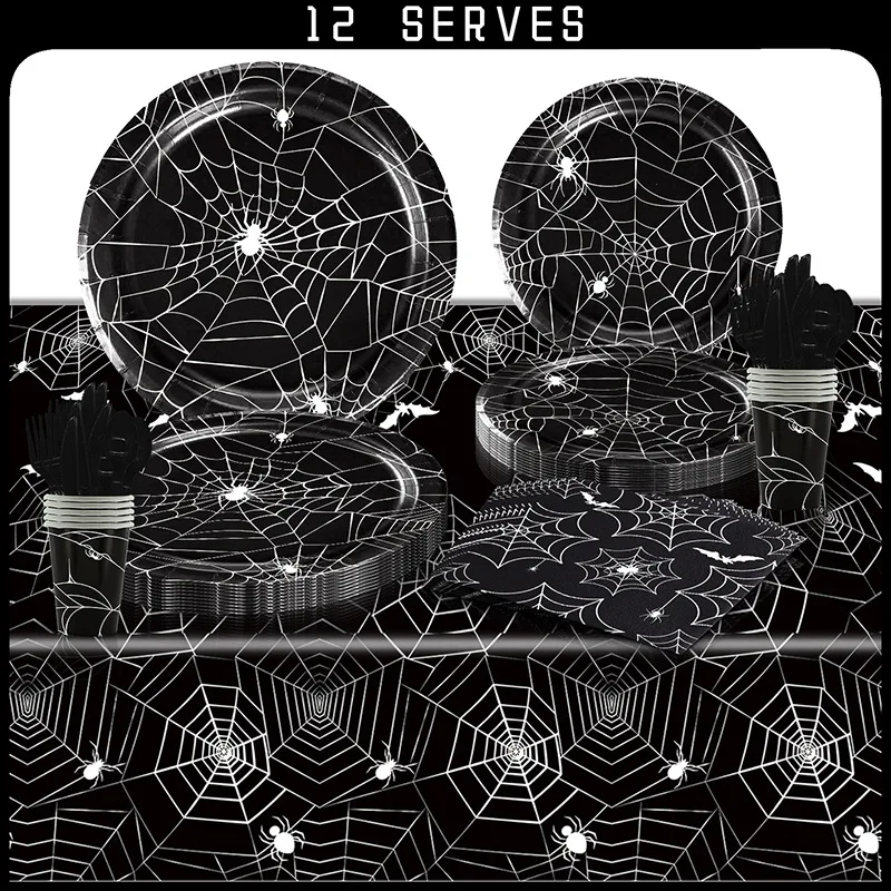 Halloween Black cobweb 12 people disposable paper plate paper cup Paper towels tablecloth Party tableware set for kids