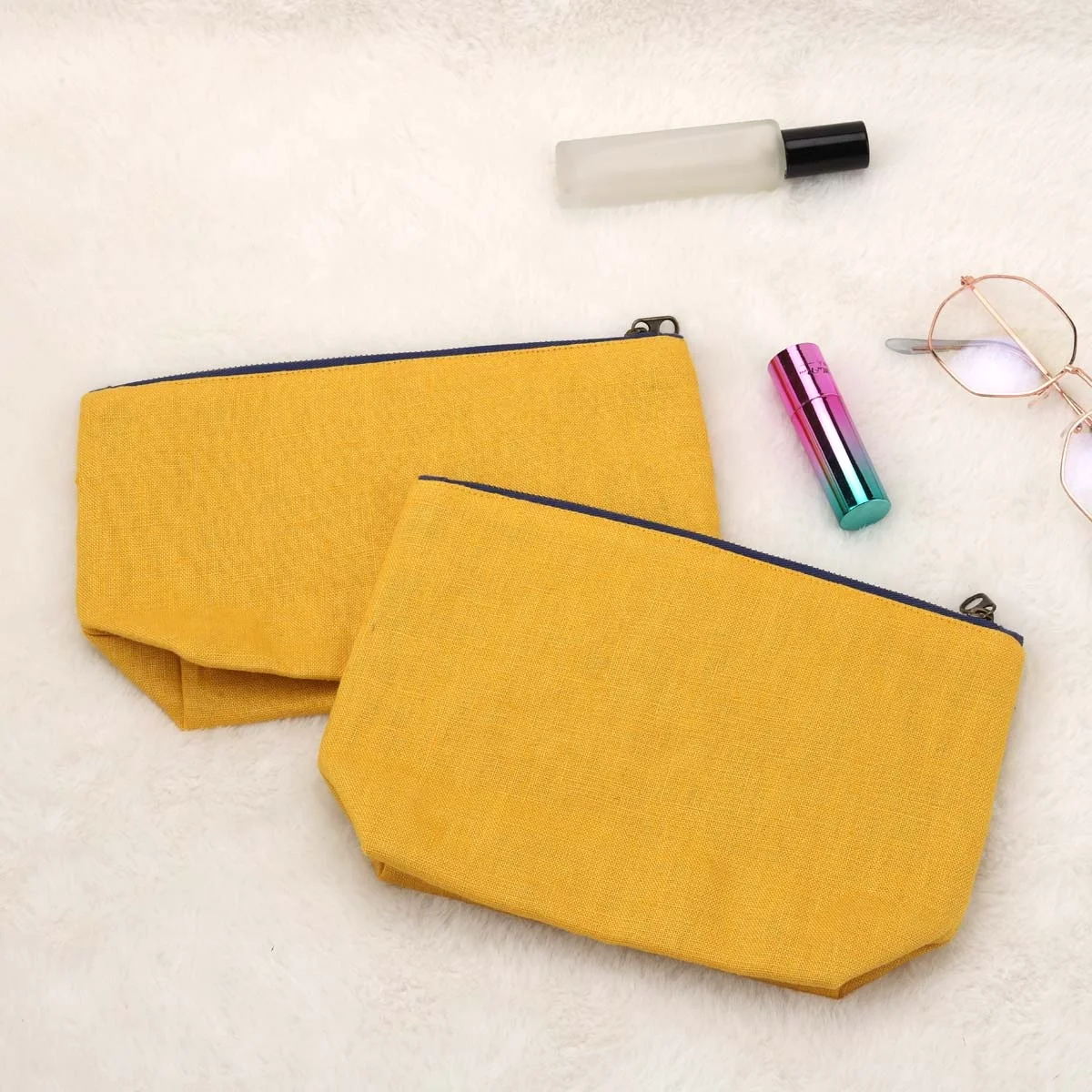 Reusable 100% Linen Zipper Stationery Cosmetic Pouch Custom Logo Printing Yellow Travel Cotton Makeup Bag