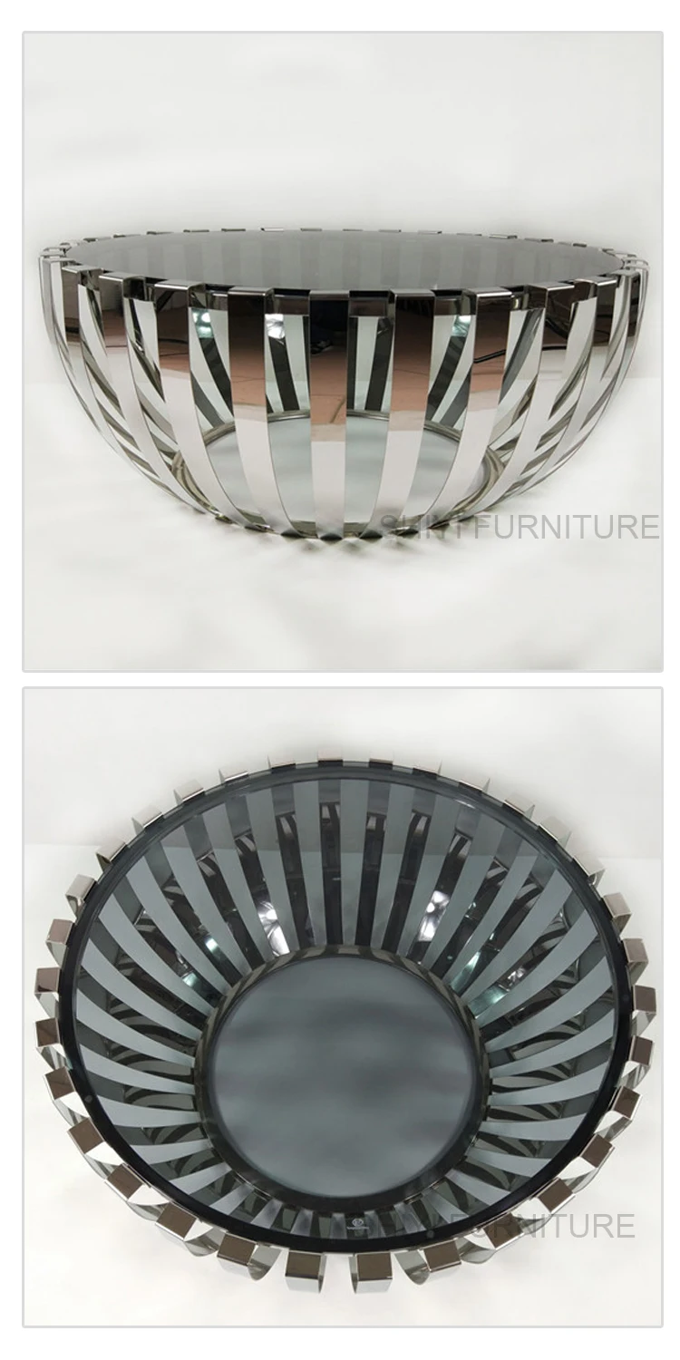 Modern silver steel coffee table with clear glass top