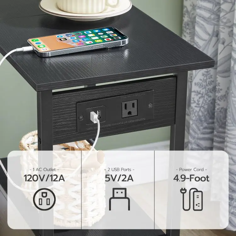 Wholesale Industrial Style Narrow Nightstand with 1 Drawer and Shelf Bedside Table Side End Table with Charging Station USB Port