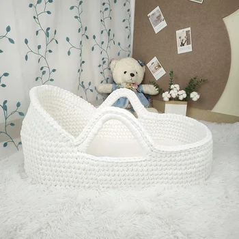 100% Cotton Rope Moses Basket Baby Changing Basket with Thick Foam Pad Waterproof Pad Removable Cover for Bedroom or Cribs