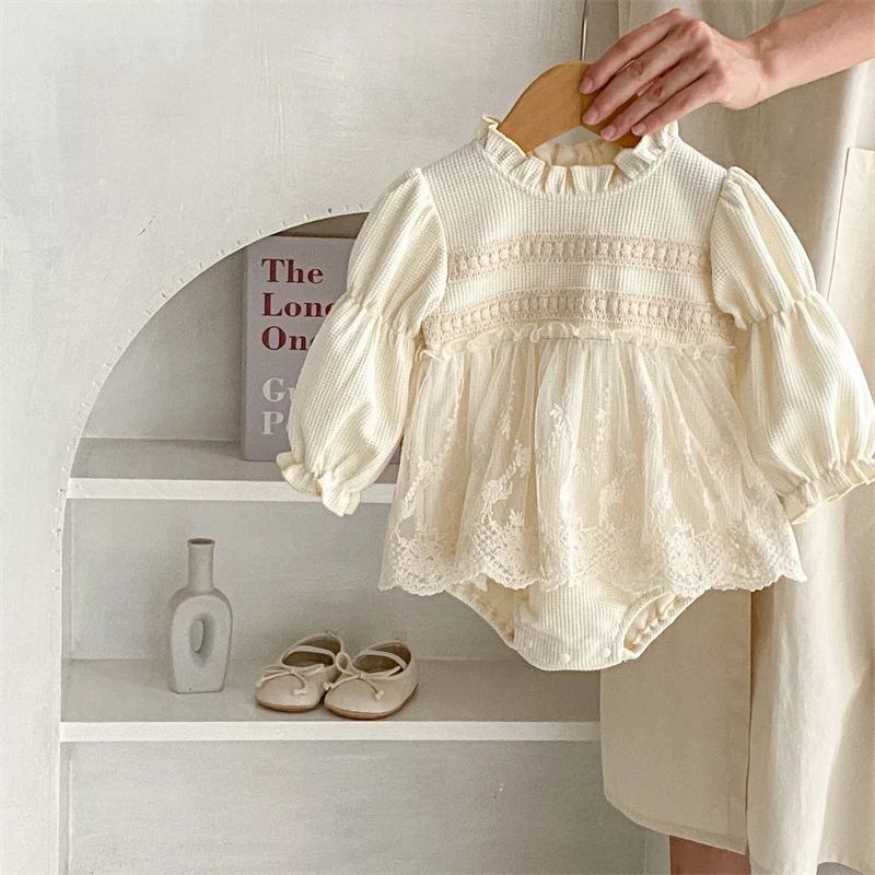 INS Hot Sell Newborn Infant Romper Clothes Babies Long Sleeve Waffle Lace Bodysuits Toddler Baby Girls Fall Rompers