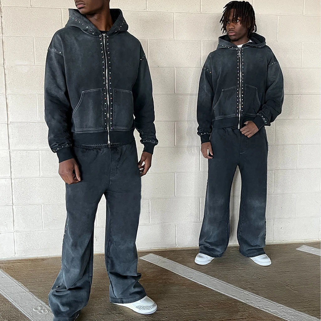 product mens hoodies rhinestone 100 cotton sweatpants and hoodie acid wash set oversized full zip up custom heavyweight for men-4