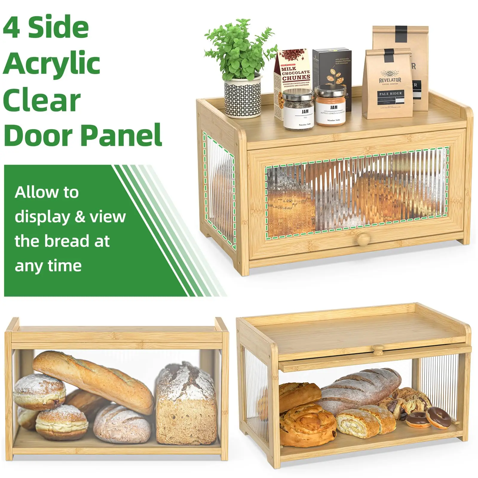 product large capacity bamboo bread box rectangle shape kitchen counters and bread storage containers organizer for kitchen cabinets-8