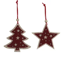 Pioneer Effort Wooden Christmas Hanging Ornament, Red Glocking Tree and Star, 2 ass. Christmas Decoration