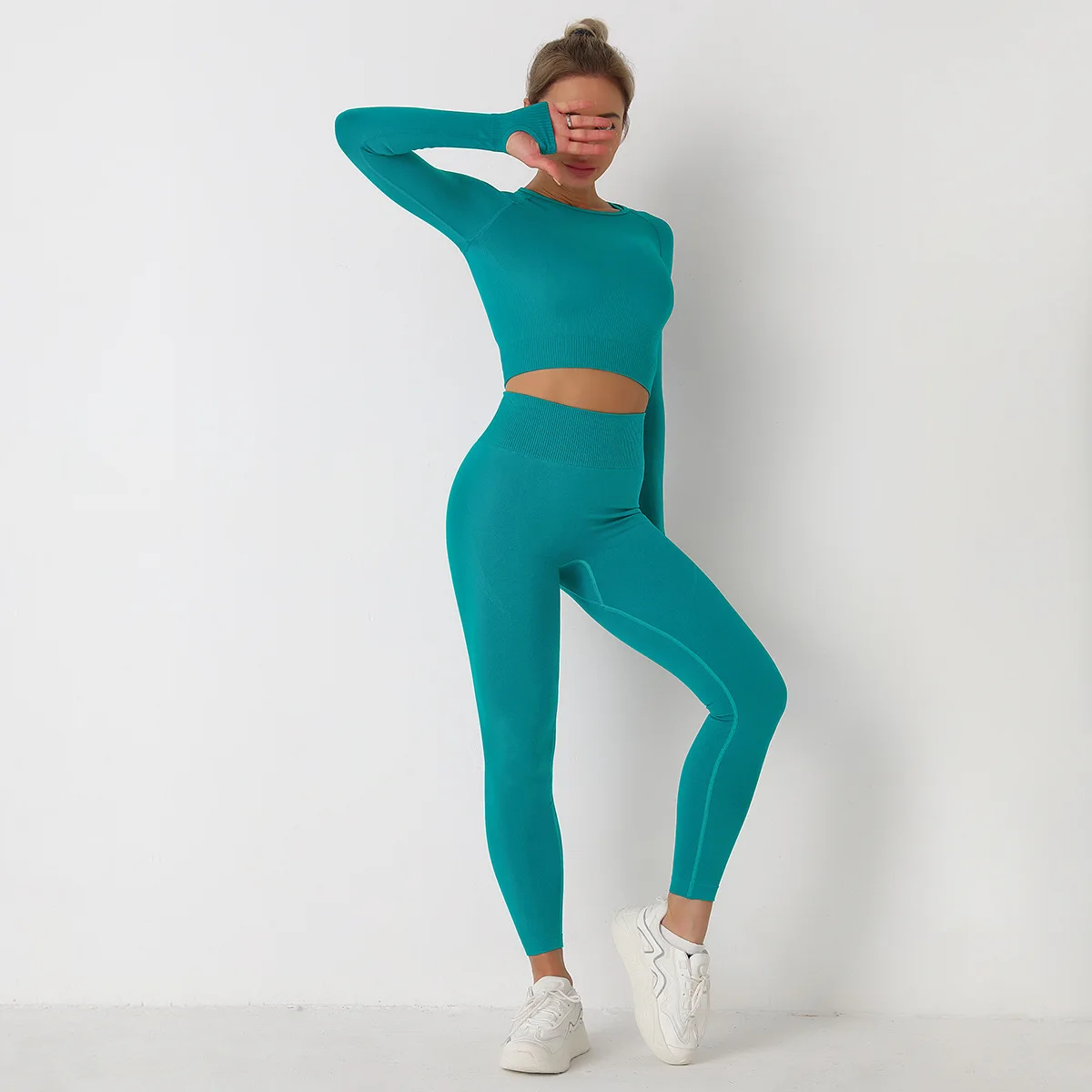 Custom logo Gym Fitness Sets 2022 Woman Crop Top long sleeve Ribbed Set High Quality Long Leggings Seamless Yoga Suit