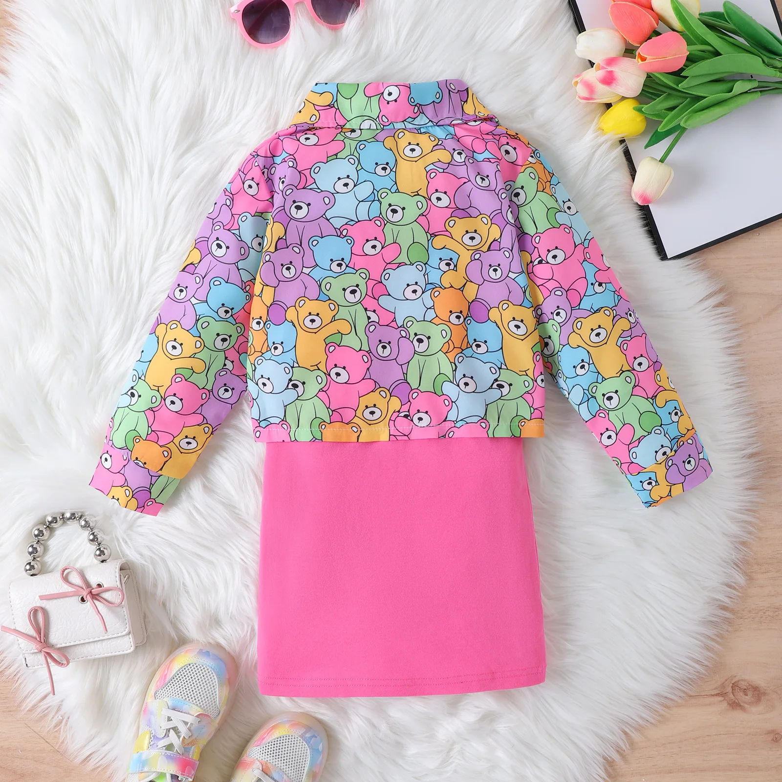 Korean style spring autumn kids clothing printing long sleeve t-shirt matching solid sleeveless knitting dresses for girls