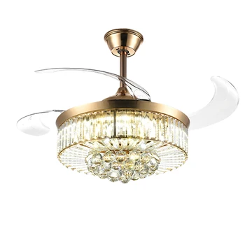 Modern Luxury Design Remote Control 3 Color Living Room LED Chandelier Invisible Crystal Ceiling Fan Light
