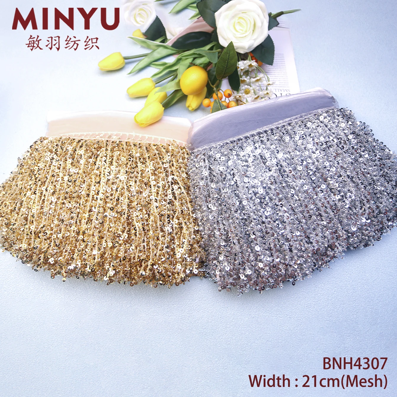 New style sequins fringe tirm macrame width 16cm sequin tassel lace for costume Latin dance Belly dance costume Minyu product