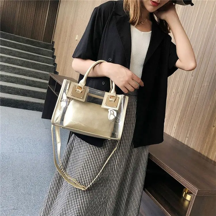 Wholesale Purses And Bags Pvc Transparent Beach 2 Piece Set Jelly Hand Bags Women Clutch Jelly Clear Handbag
