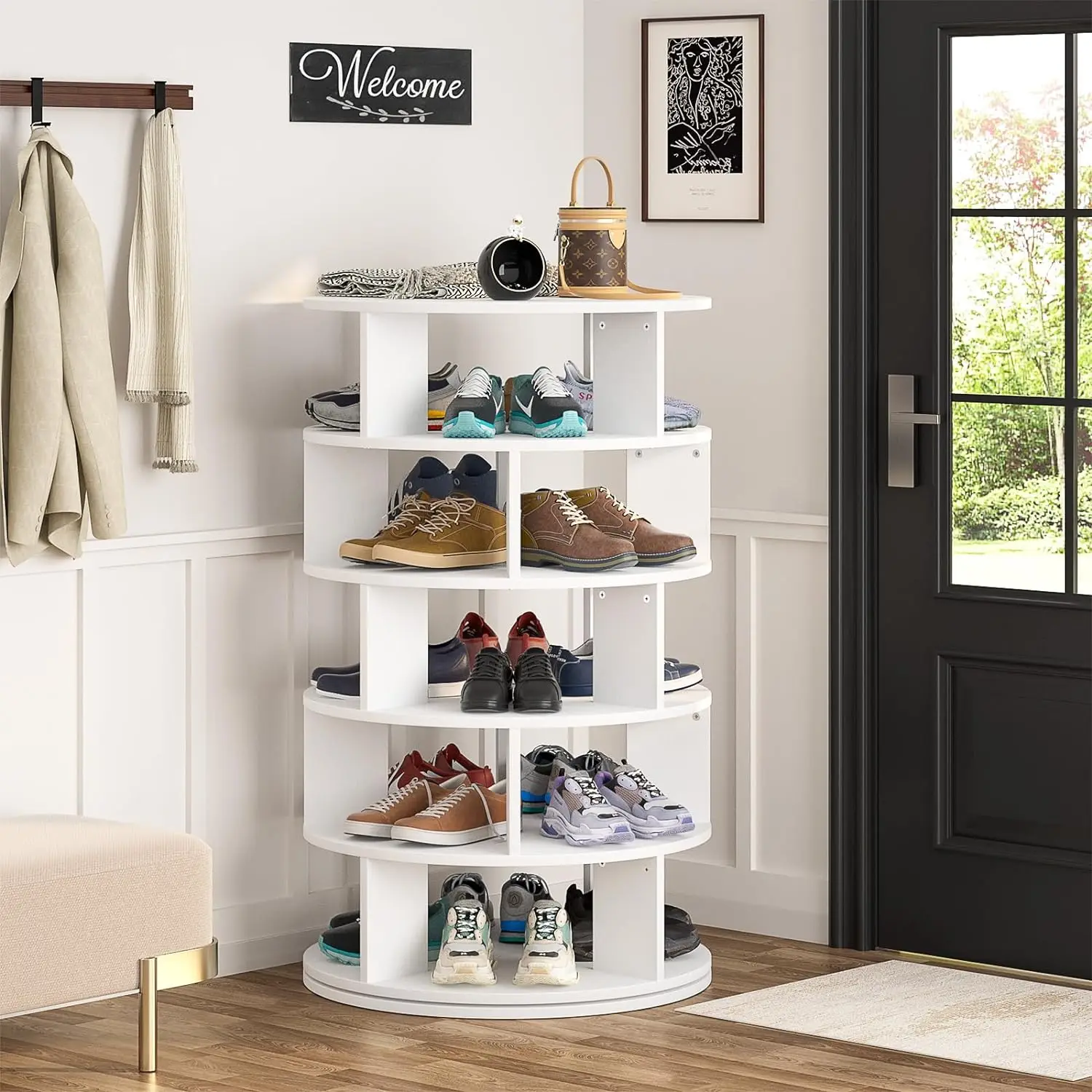 product rotating 5 tier wood shoe organizer stackable spinning shoe rack tower space saving shoe storage shelf for entryway-4