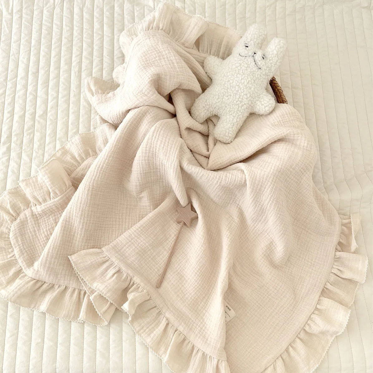 Muslin Baby Swaddle Blanket 4-Layered Cotton Muslin Baby Girls Receiving Blanket with Ruffle Edge Skin-Friendly Baby Wrap