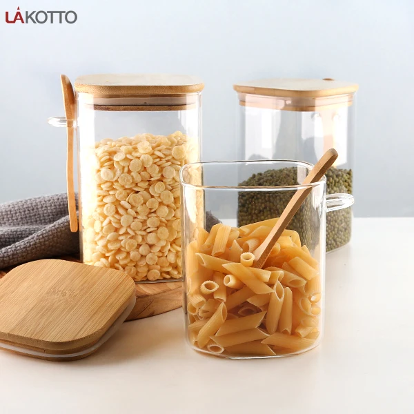 Square Glass Jars with Bamboo Lids and Spoons  for Loose Tea, Coffee and Sugar Glass Container for Yogurt Jars with Lids