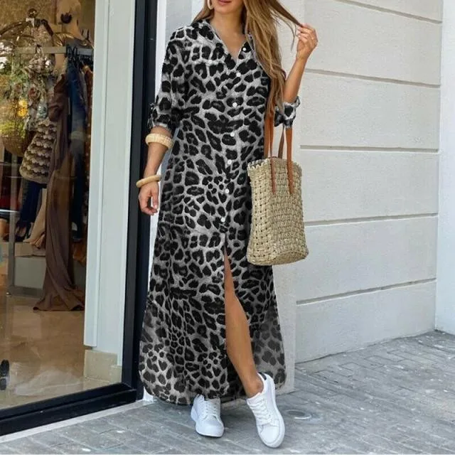 Europe and America Women Long Shirt Dress Plus Size Blouse Button Long Sleeve Button Printed  Maxi Casual Dresses