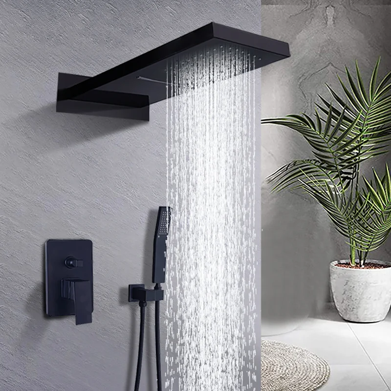 Bathroom Luxury Rain Mixer Combo Set Wall Mount LED Rainfall Shower Head System 