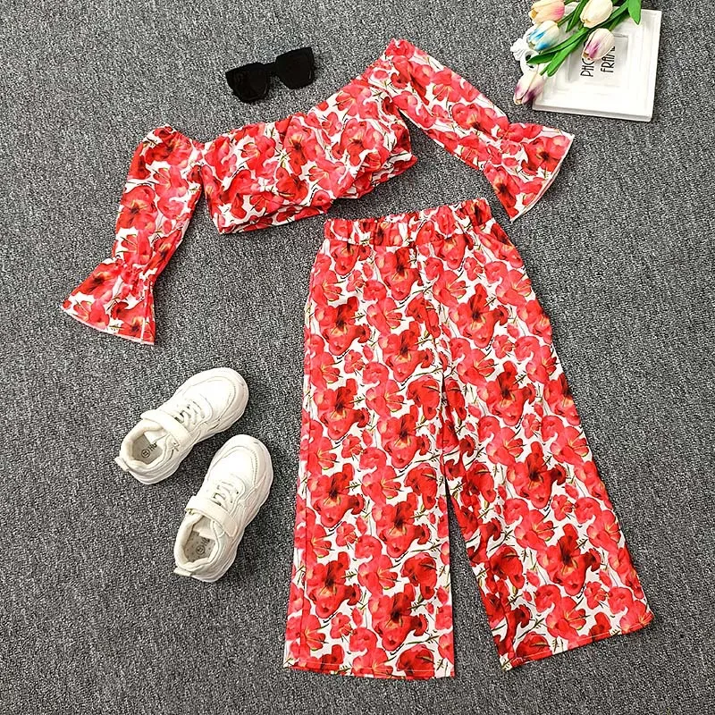 New trendy infant baby girls clothing sets fashion floral printing two-piece girls clothes 1-7Y kids outfits for summer