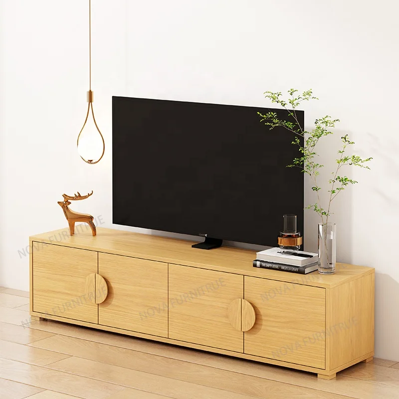 NOVA Natural Oak Wood Half-moon Handles TV Table Living Room Entertainment Center 4 Open Door Cabinets Modern TV Stands