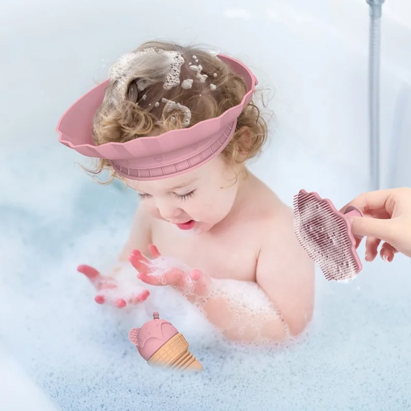 BPA Free Baby Bath Set Silicone Shower Toys Bathing Shampoo Shower Protection Hat Baby Teether Toothbrush And Body Tender Brush