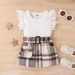 Kids baby girls summer outfits cute lace ruffle fly sleeve tops+plaid belt A-line skirts toddler girls two-piece sets