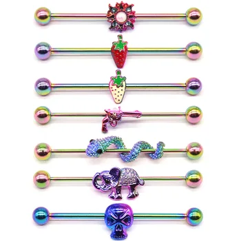 YICAI Colorful Surgical Steel Skull Gun Industrial Barbell Earring 14G Helix Piercing Cartilage Industrial Barbell Piercing