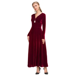 Women sexy evening ball party red long gown V neck full sleeve pleated maxi high waist velvet dress