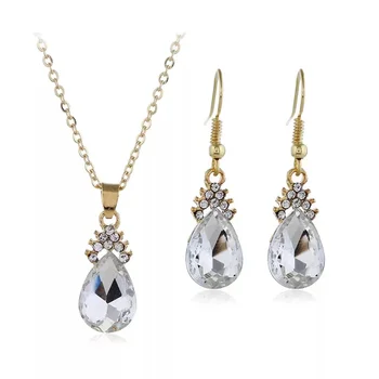 Woman Necklace Pendant Earrings Ring Water Drop Jewelry Sets Crystal Indian Wedding Bridal Jewelry Set