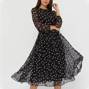 China Manufacturer women polka dot dresses summer casual chiffon long sleeve dress dot chiffon black midi dresses