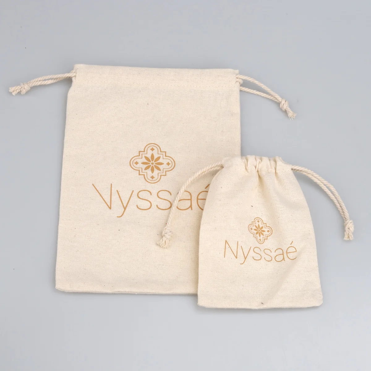 High Quality Rose Gold Printed Muslin Gift Shopping Bag Drawstring Natural Cotton Packaging Pouch
