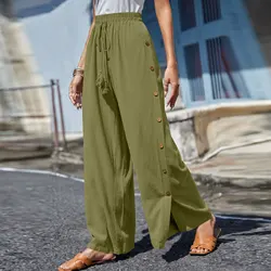 High Quality Summer Side Flap Button Women's Wide Leg Pants Loose Casual Pants