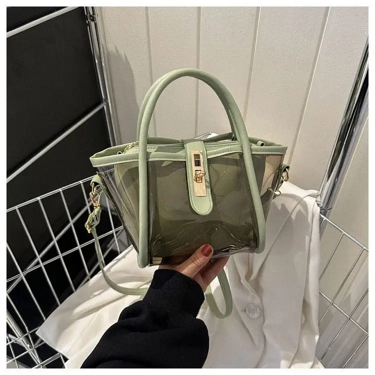 2022 New Bright Color Jelly Handbag Cute Girl Crossbody Shoulder Bag Double Layer Clear Pvc Jelly Women Tote Bag