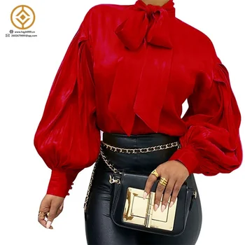 2021 Popular Silk Comfortable Red Bowknot Long Bubble Sleeves Ladies Office Autumn Blouse