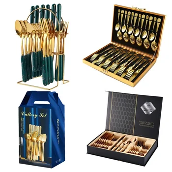 High Quality 24pcs Cutlery Spoon Knife Fork Set Stainless Steel Cutlery Set Gold Flatware Sets With Gift Box