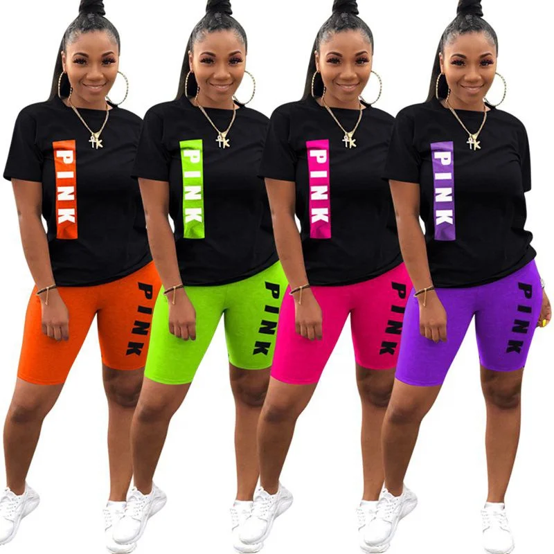 Women Pink Letter Print Outfits Tracksuit Sweatsuits Letter positioning printing casual women sports clothing two piece sets