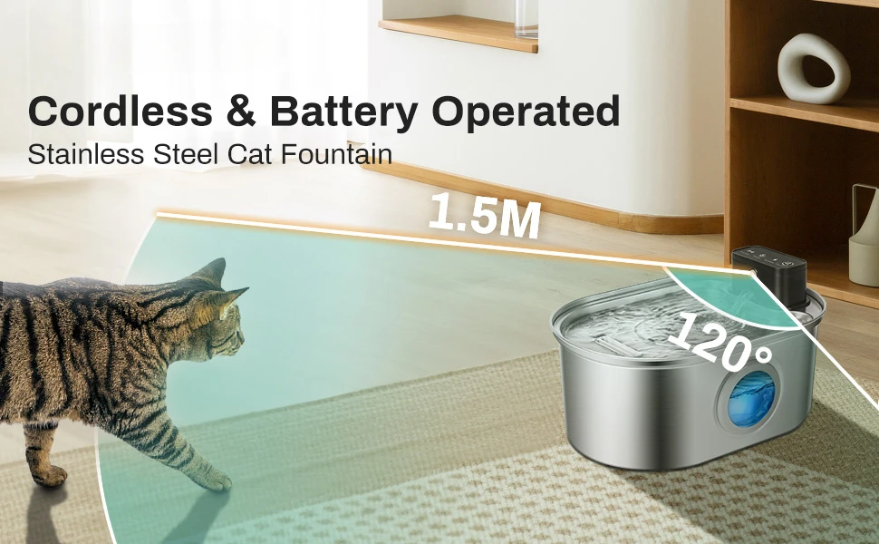 3.2L Cordless Cat Water Fountain, Automatic Stainless Steel Pet Water Fountain with Motion Sensor