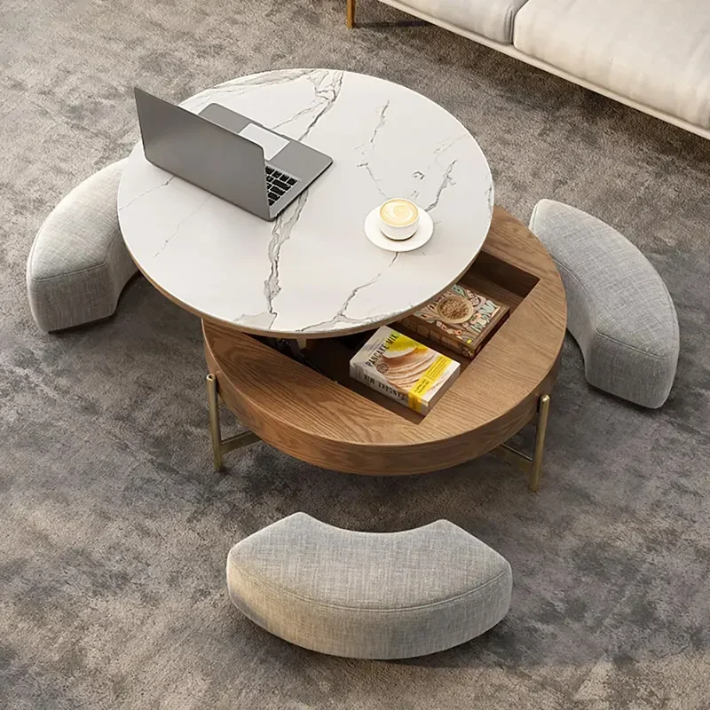 White and Walnut color modern round lifting coffee table set, practical and beautiful with storage space