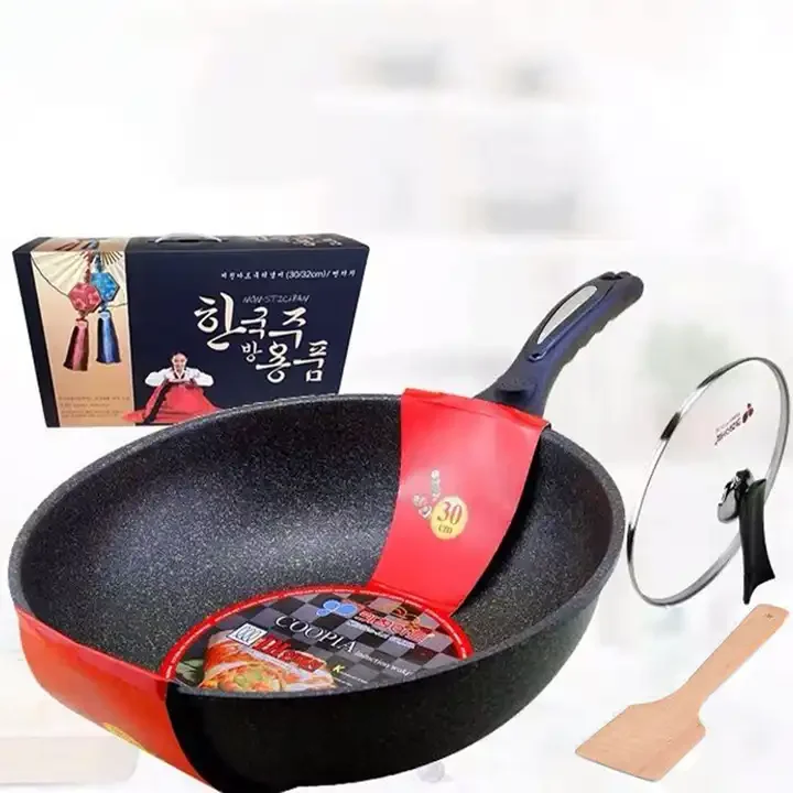 Kitchen 32cm Korea Wok Fry Pan Non Stick Wok Medical Stone Coating Non Stick Iron Cooker Wok