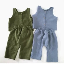 Custom summer boys children sleeveless linen top and pants 2-piece toddler baby boy clothing set unisex kids linen clothes sets