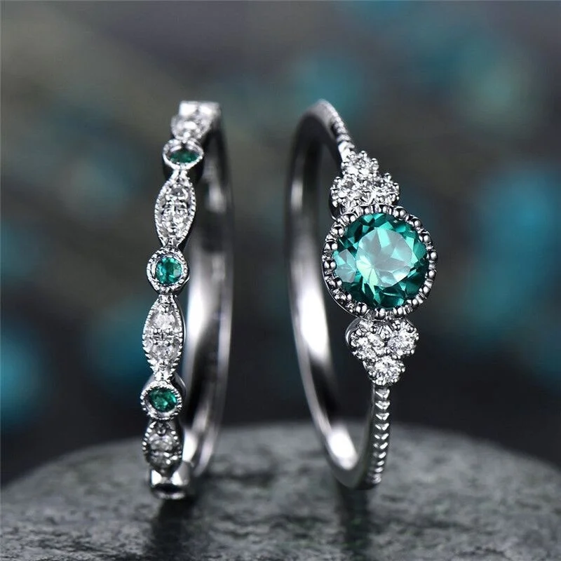 Fashion Couples Finger Jewelry Ring Wedding 925 Silver Plated Emerald Green & Blue Sapphire CZ Diamond ring set