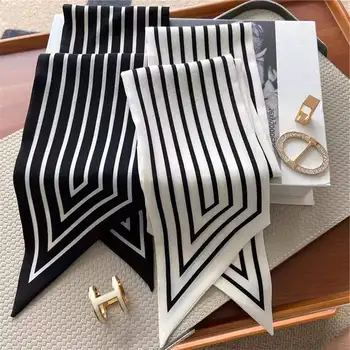 2022 Black and White Striped Fashion 100% Custom Digital Printed Luxury Bandana Silk Scarf Custom Printing long silk scarves
