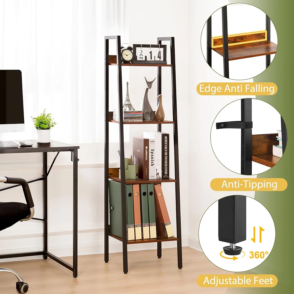 Modern 4-Tier Wooden/Metal Ladder Bookshelf-Tall Corner Design for Narrow Spaces Living Room & Home Office Storage factory