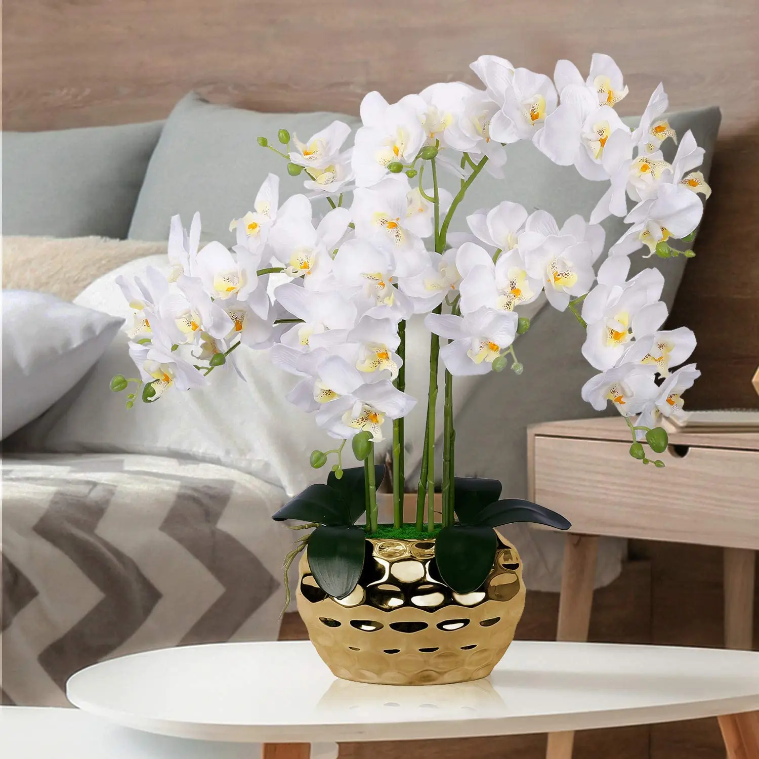 Artificial Orchid In Gold Vase White Faux Orchid Plant In Gold Pot