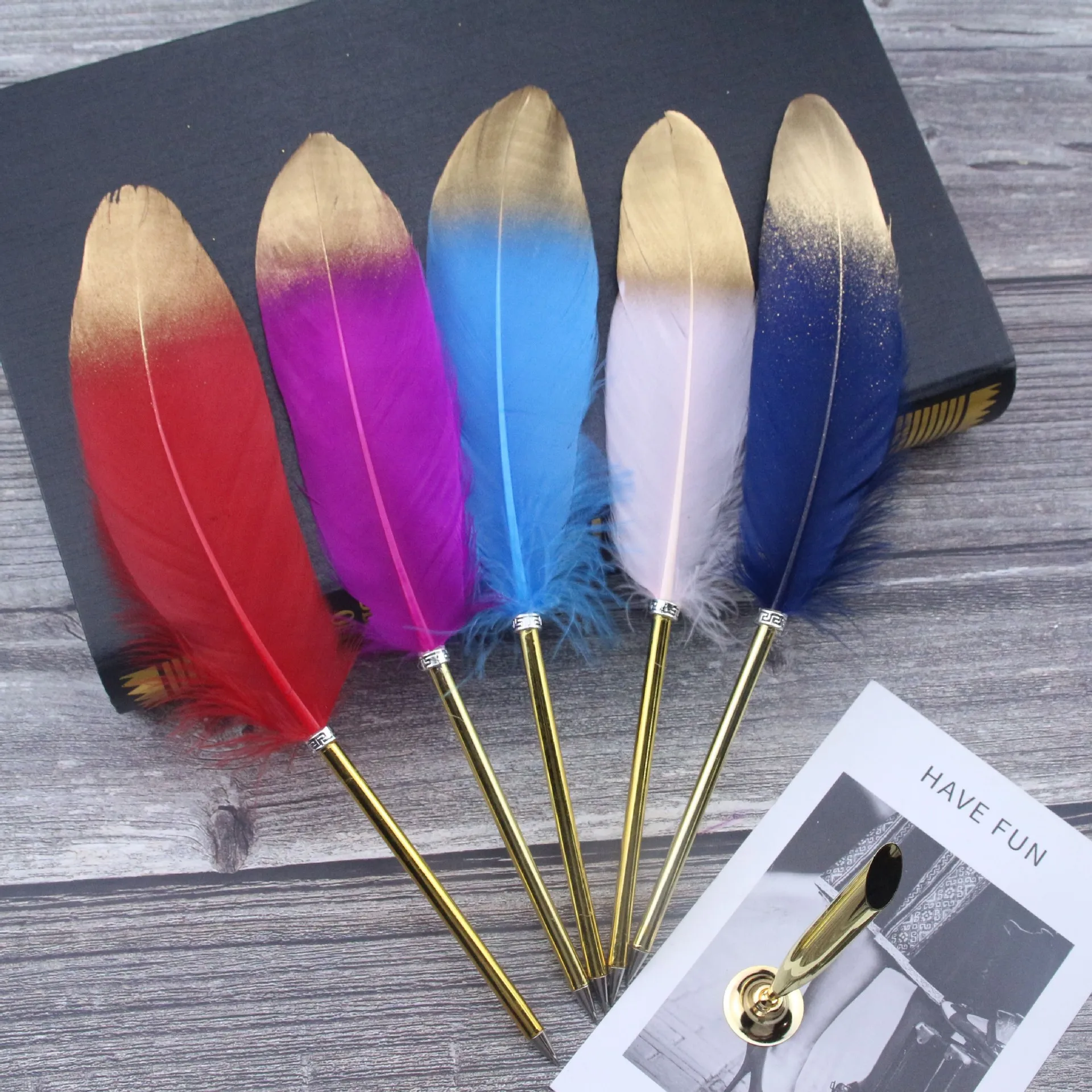 Luxury Natural Peacock Metal 0.7mm Ball Pens Custom Logo Rose Gold Special Quill Feather Wholesale Promotional Ballpoint Pen