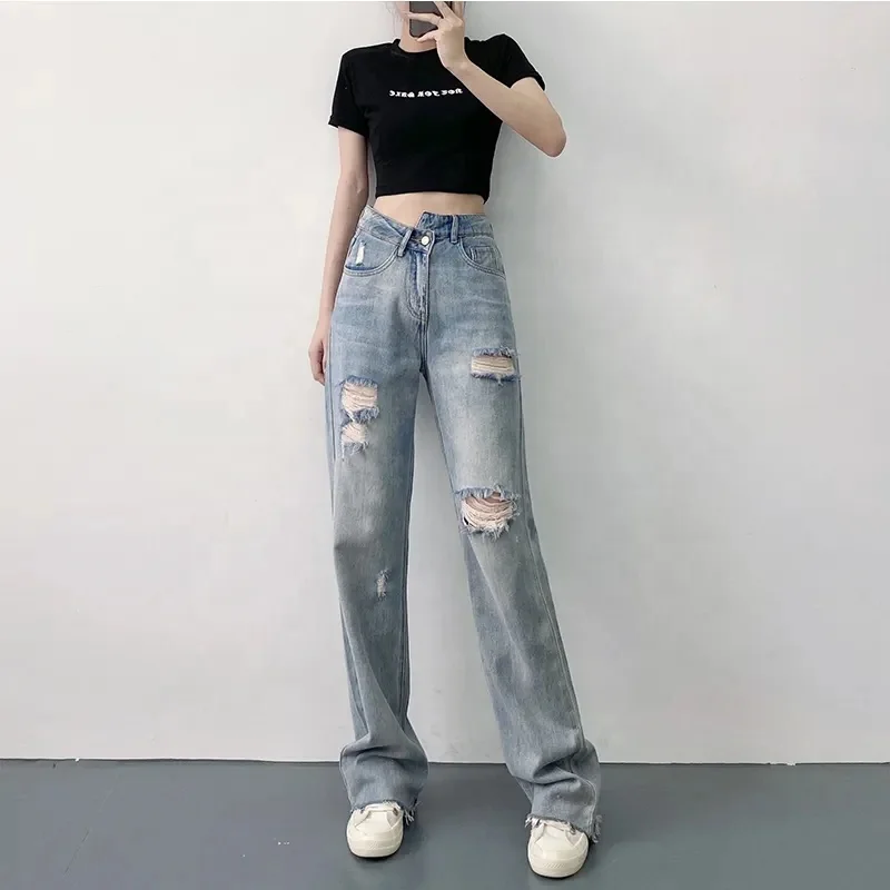 High Quality Women's Jeans Women Casual Plain High Waist Straight Jeans Ladies Denim Loose Trousers Pants Supplier From BD