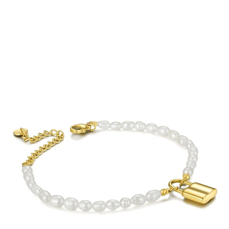 Latest 14K Gold Plated Stainless Steel Jewelry Pearl Padlock Bracelet B202210